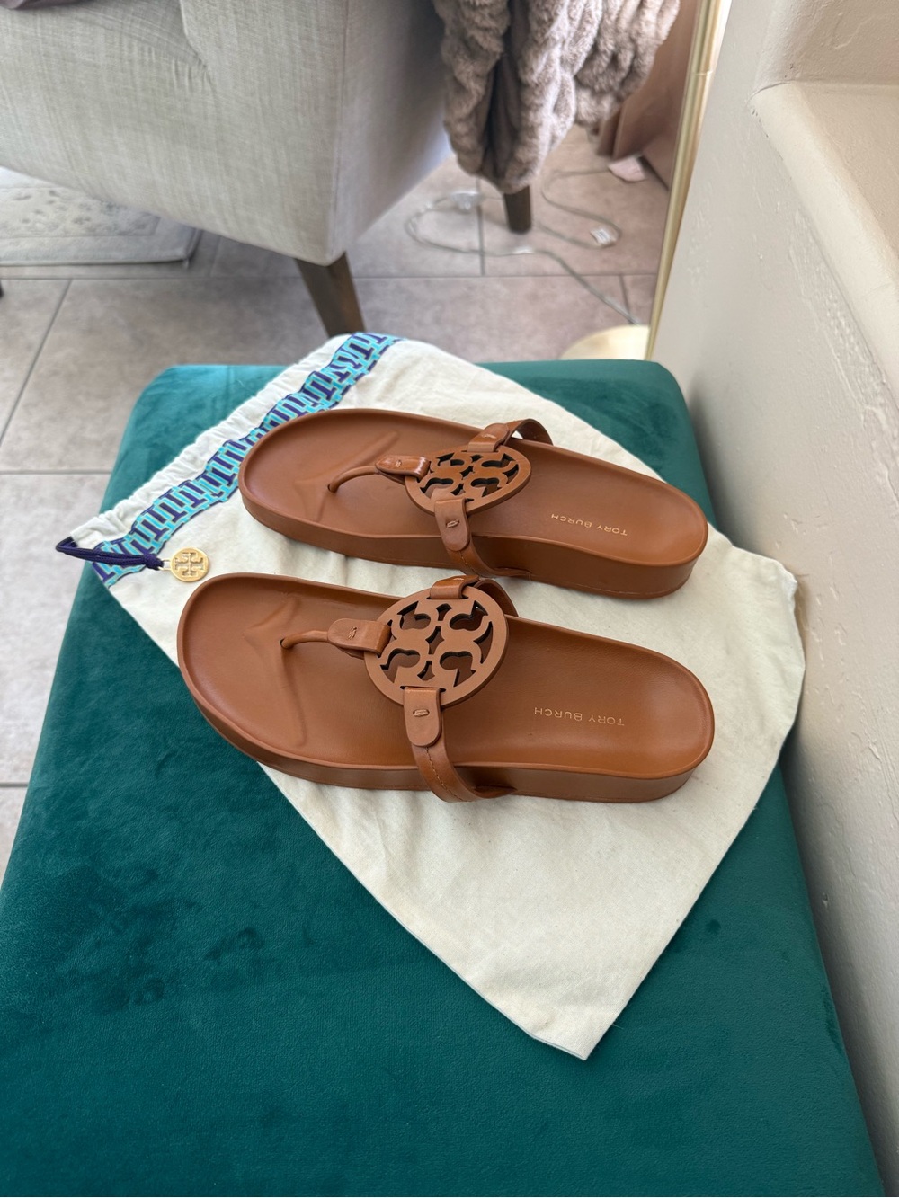 Tory Burch Tan Leather Logo Miller Cloud Thong Sandals Dust bag